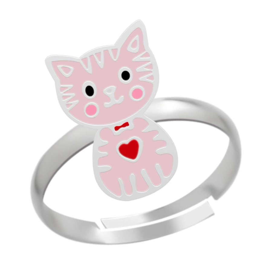 Kids Collectie WeLoveSilver | Zilveren Ring, Roze Kat Met Rood Hartje