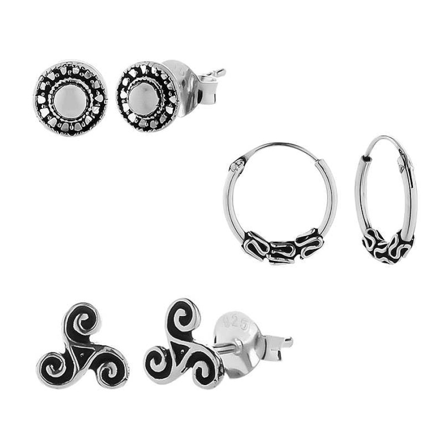 Oorbellen WeLoveSilver | Zilveren Oorbellen Set, Triskele, Bali Hoop En Versierd Knopje