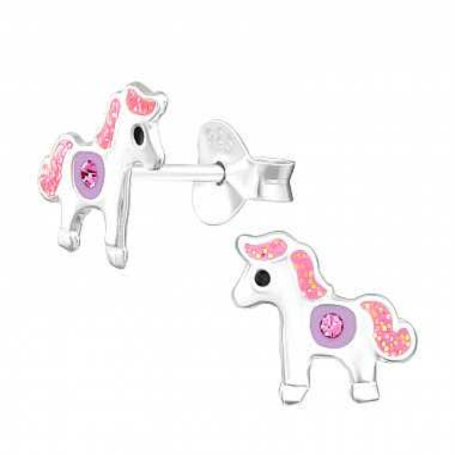 Kids Collectie WeLoveSilver | Zilveren Oorstekers, Pony Of Paard Met Glittermanen En Kristal