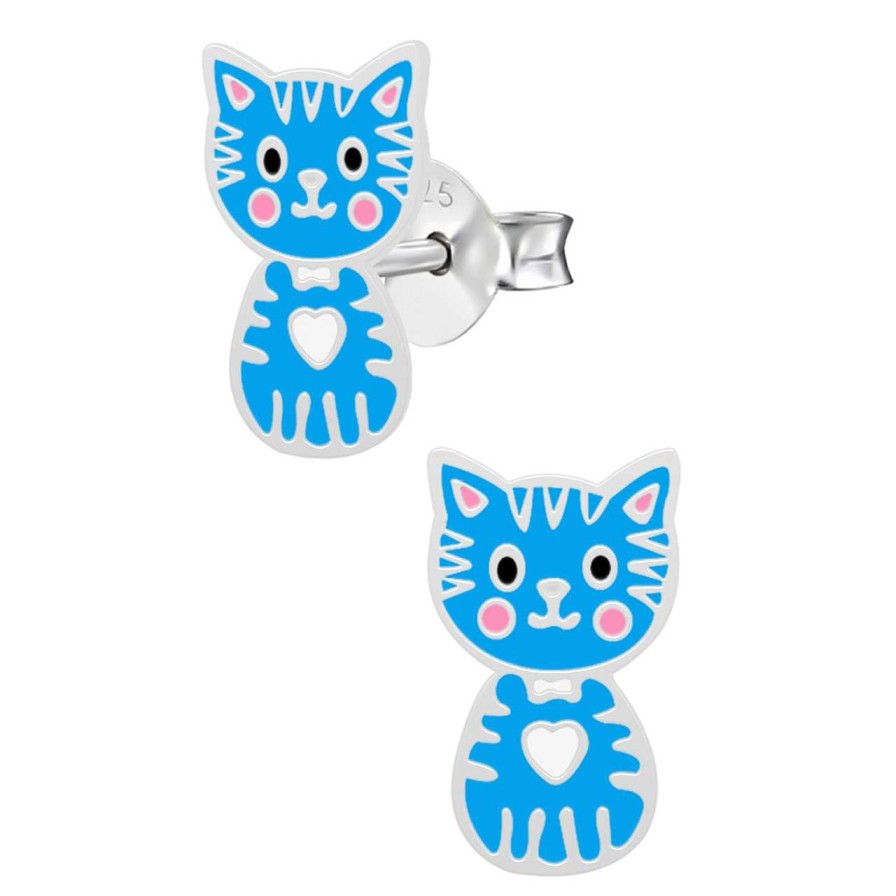 Kids Collectie WeLoveSilver | Zilveren Oorstekers, Blauwe Kat Met Wit Hartje