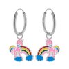 Kids Collectie WeLoveSilver | Zilveren Oorringen Met Hanger, Eenhoorn Met Regenboog En Blauwe Wolkjes