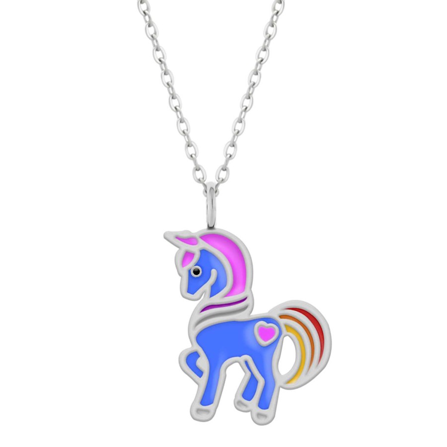 Kids Collectie WeLoveSilver | Zilveren Ketting Met Hanger, Blauwe Eenhoorn Of Paard Met Roze Hartje Op De Bil