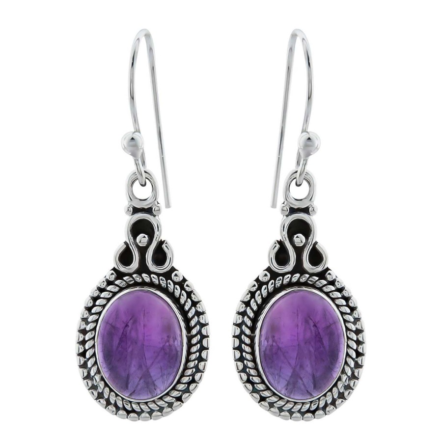 Oorbellen WeLoveSilver | Zilveren Oorhangers, Ovale Amethyst Steen Met Bewerkte Rand En Sierlijke Krul