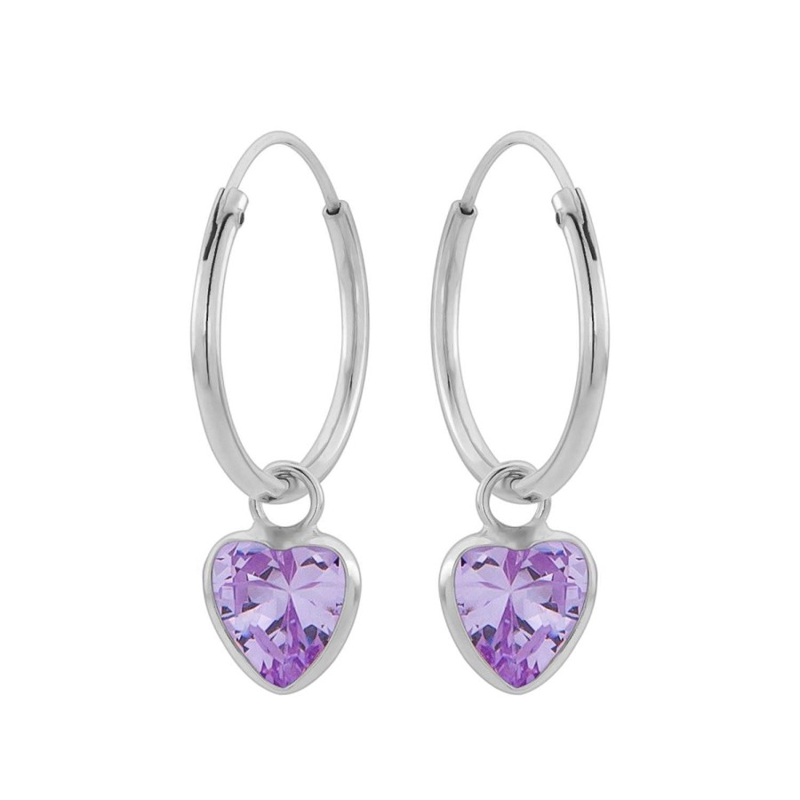 Oorbellen WeLoveSilver | Zilveren Oorringen Met Hanger, Hartvormige Cubic Zirkonia Steen Kleur Lavendel