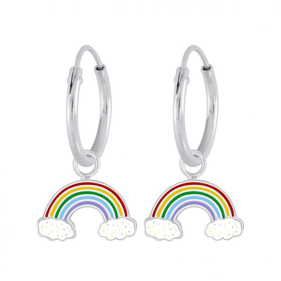 Kids Collectie WeLoveSilver | Zilveren Oorringen Met Hanger, Regenboog Met Wolkjes