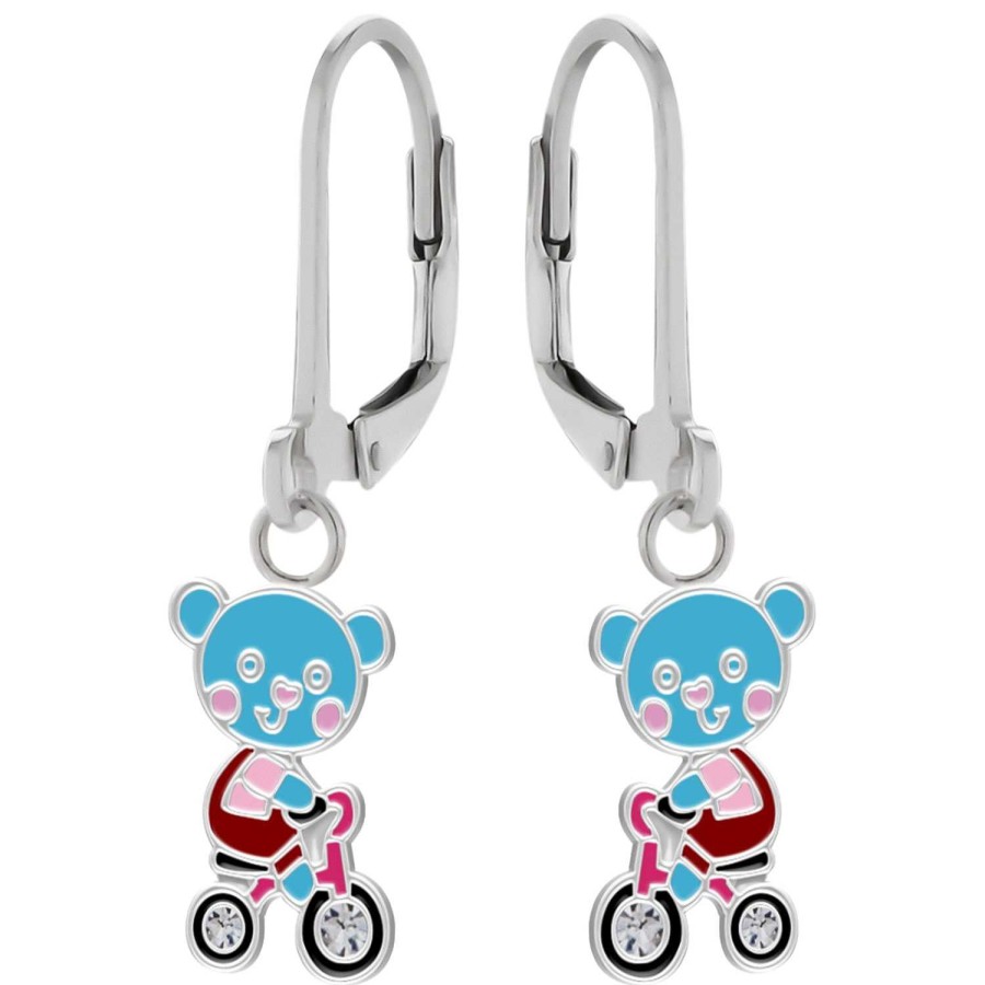 Kids Collectie WeLoveSilver | Zilveren Oorhangers, Blauw Beertje Op Fiets Met Kristal Wielen