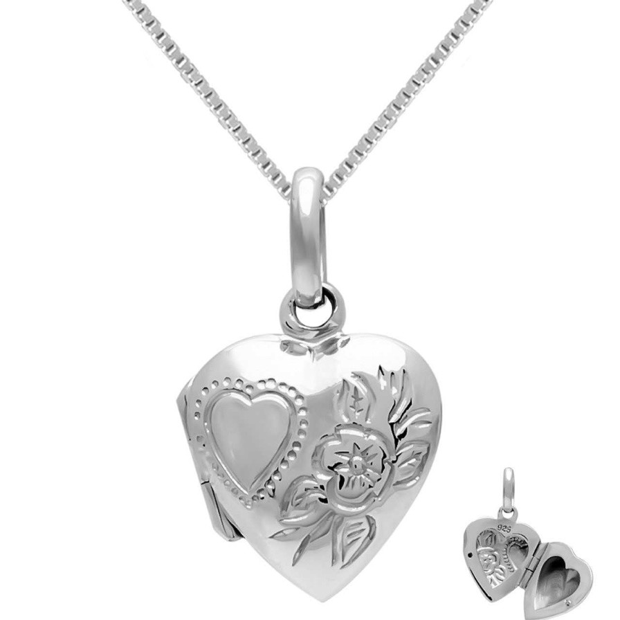 Kettingen WeLoveSilver | Zilveren Ketting, Hart Medaillon Sierlijk Bewerkt Met Hart En Bloem