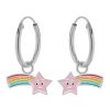 Kids Collectie WeLoveSilver | Zilveren Oorringen Met Hanger, Roze Vallende Ster Met Regenboogkleuren