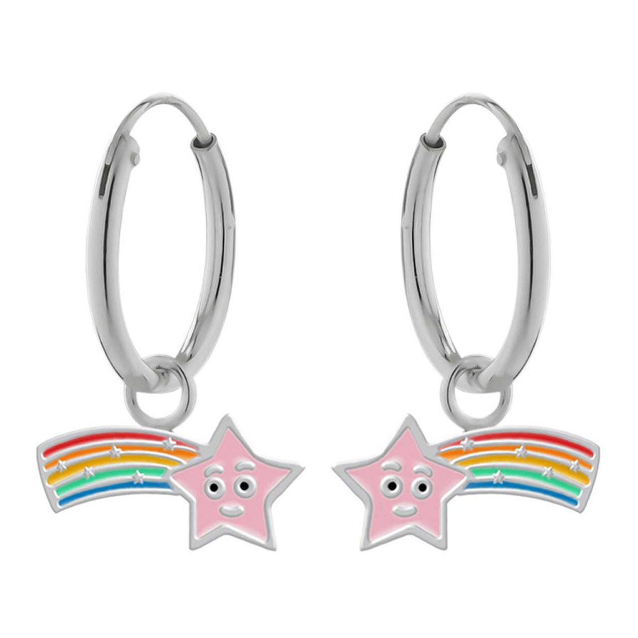 Kids Collectie WeLoveSilver | Zilveren Oorringen Met Hanger, Roze Vallende Ster Met Regenboogkleuren