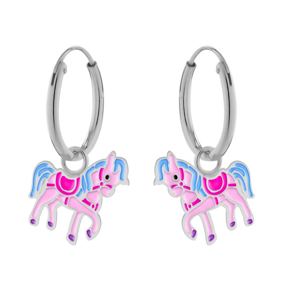 Kids Collectie WeLoveSilver | Zilveren Oorringen, Roze Paard Met Blauwe Manen