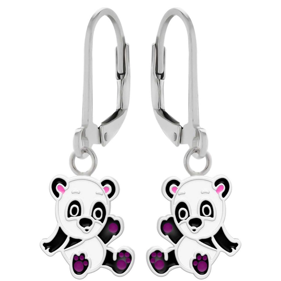 Kids Collectie WeLoveSilver | Zilveren Oorhangers, Vrolijke Panda Met Paarse Voetjes