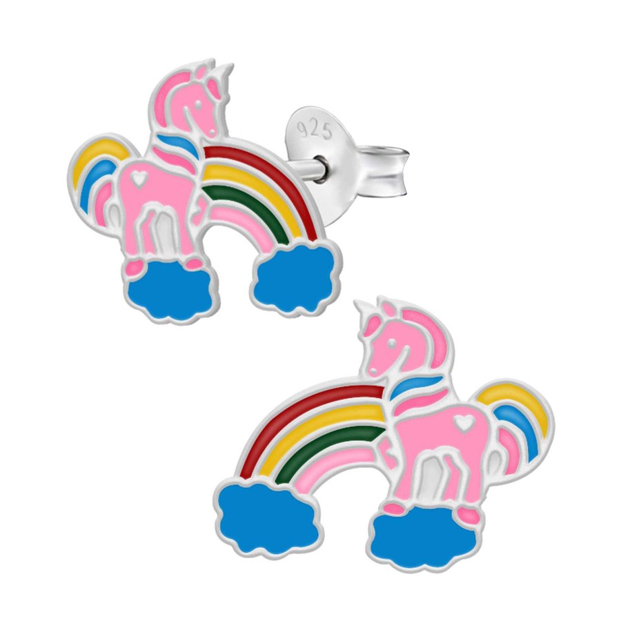 Kids Collectie WeLoveSilver | Zilveren Oorstekers, Regenboog Met Blauwe Wolkjes En Roze Eenhoorn