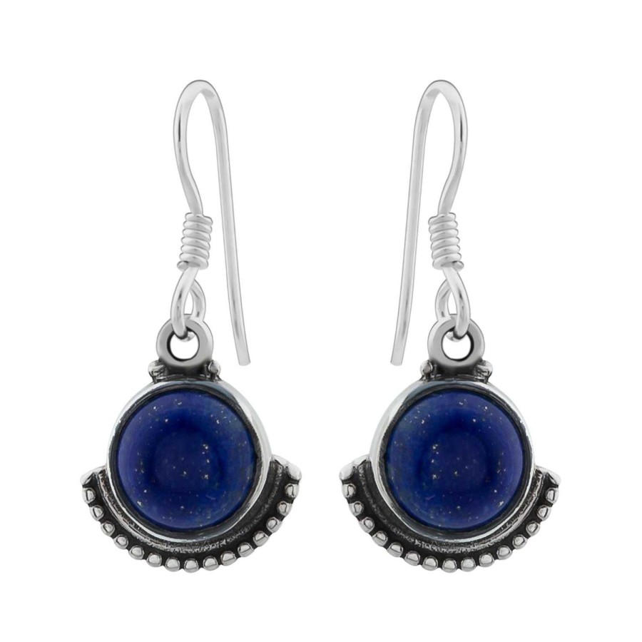 Oorbellen WeLoveSilver | Zilveren Oorhangers, Ronde Lapis Steen Met Rand Van Bolletjes