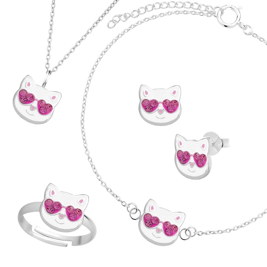 Kids Collectie WeLoveSilver | Complete Set Witte Kat Met Roze