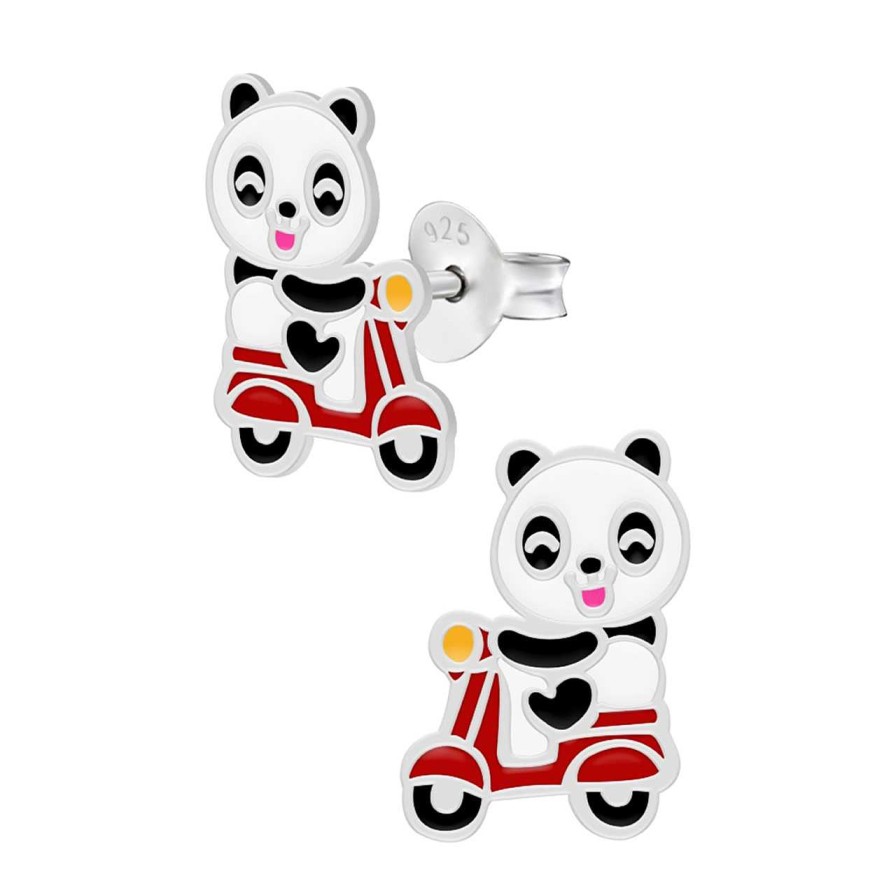 Kids Collectie WeLoveSilver | Zilveren Oorstekers, Panda Op Rode Scooter