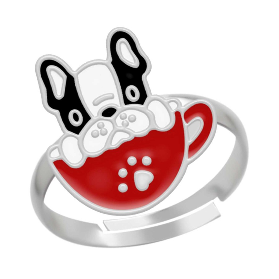 Kids Collectie WeLoveSilver | Zilveren Ring, Franse Buldog In Theekop