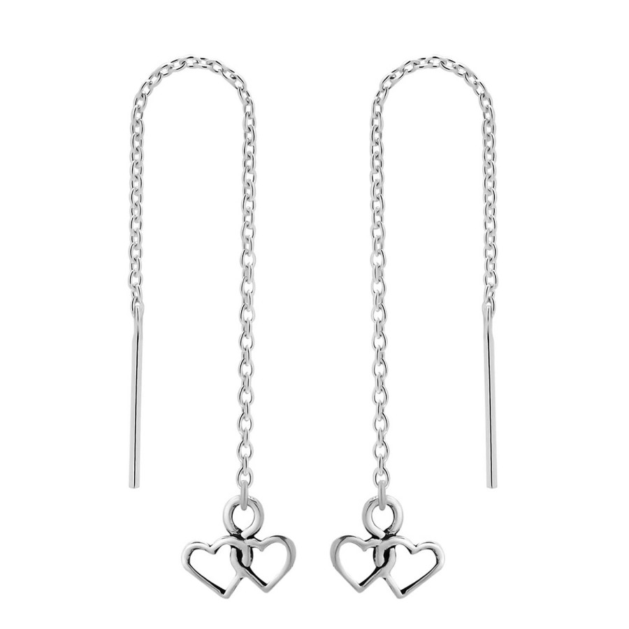 Oorbellen WeLoveSilver | Zilveren Chainoorbellen, Twee Hartjes