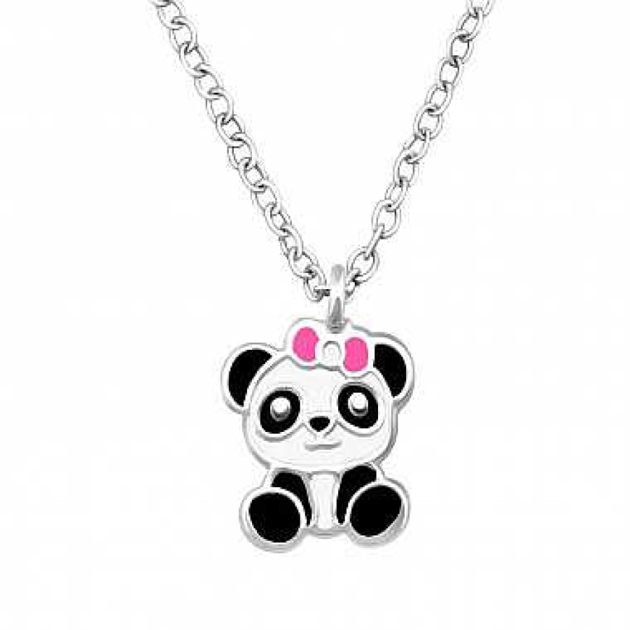 Kids Collectie WeLoveSilver | Zilveren Ketting Met Hanger, Panda Met Roze Strik