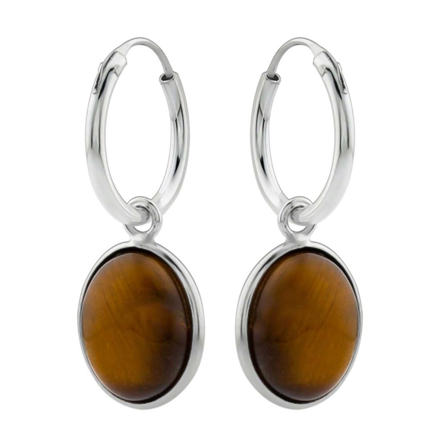 Oorbellen WeLoveSilver | Zilveren Oorringen Met Hanger, Ovale Tiger Eye Steen