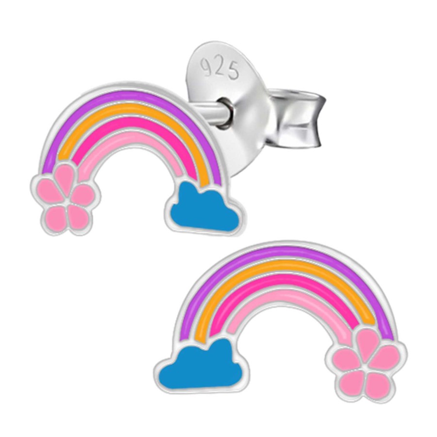 Kids Collectie WeLoveSilver | Zilveren Oorstekers, Regenboog Met Blauw Wolkje En Roze Bloem