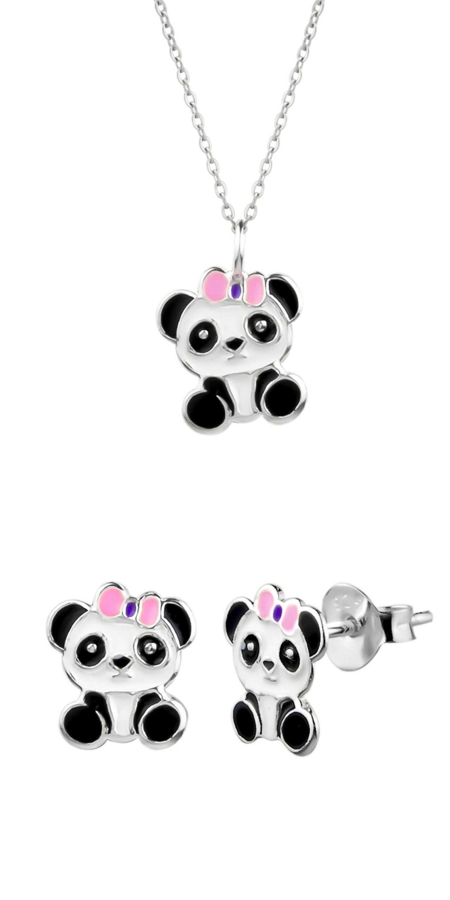 Kids Collectie WeLoveSilver | Set Zilveren Ketting En Oorstekers, Panda Met Roze Strikje