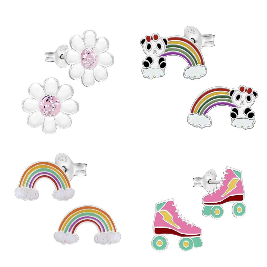 Kids Collectie WeLoveSilver | Kinderoorbellen, Set Van Vier Oorstekers Regenboog, Rolschaats En Madeliefjes