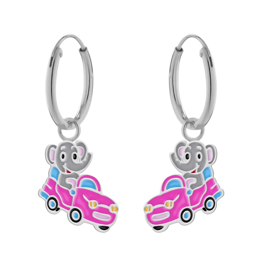 Kids Collectie WeLoveSilver | Zilveren Oorringen, Olifant In Roze Auto