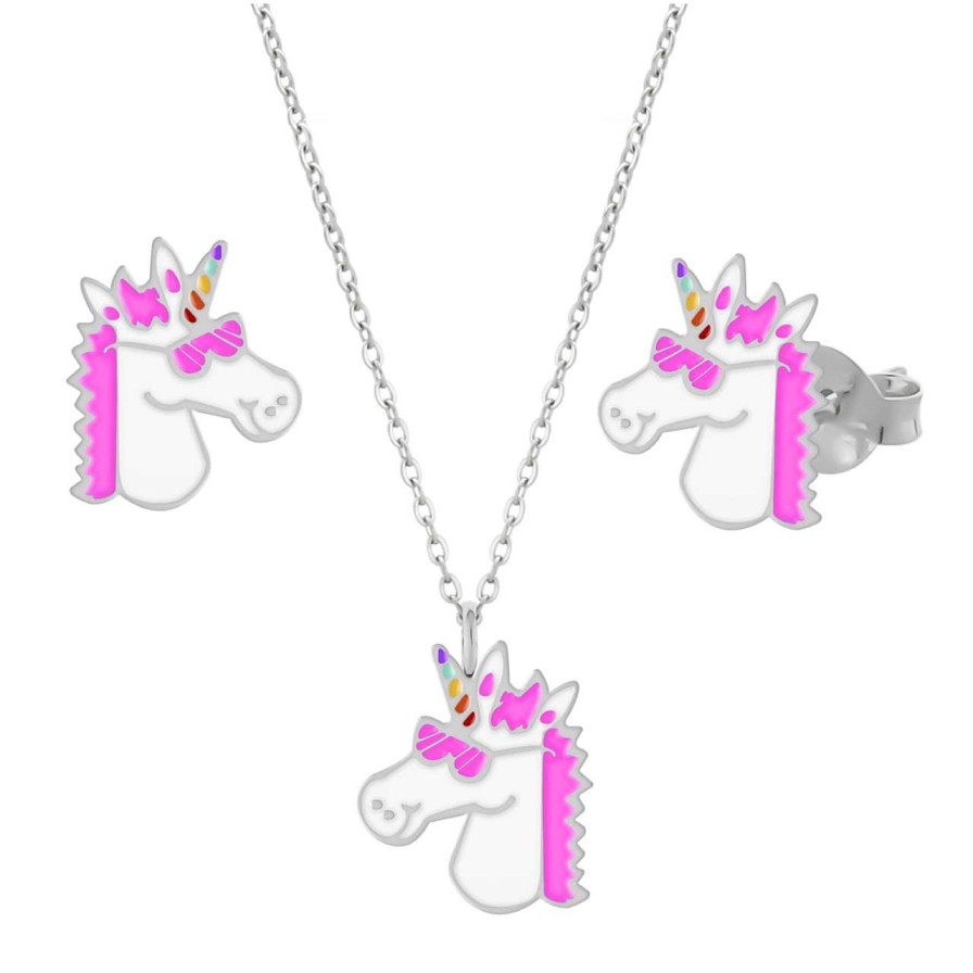 Kids Collectie WeLoveSilver | Set Van Zilveren Ketting En Oorstekers, Eenhoornhoofd Met Roze Manen En Zonnebril