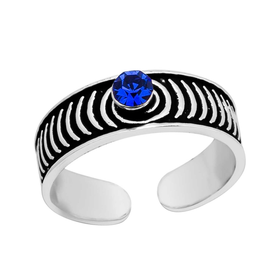 Ringen WeLoveSilver | Zilveren Teenring, Geoxideerde Bewerkte Band Met Capri Blue Kristal