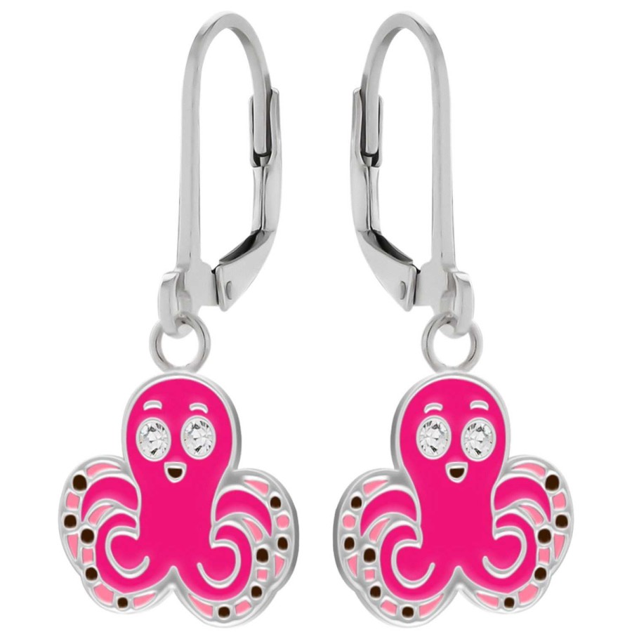 Kids Collectie WeLoveSilver | Zilveren Oorhangers, Roze Octopus Met Kristalogen