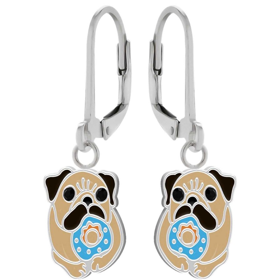 Kids Collectie WeLoveSilver | Zilveren Oorhangers, Bulldog Met Blauwe Donut