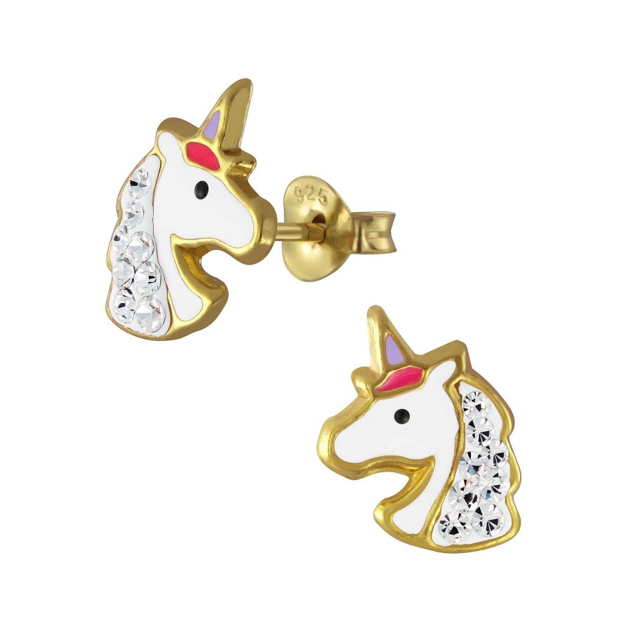 Kids Collectie WeLoveSilver | Gold Plated Oorstekers, Eenhoorn Met Kristallen