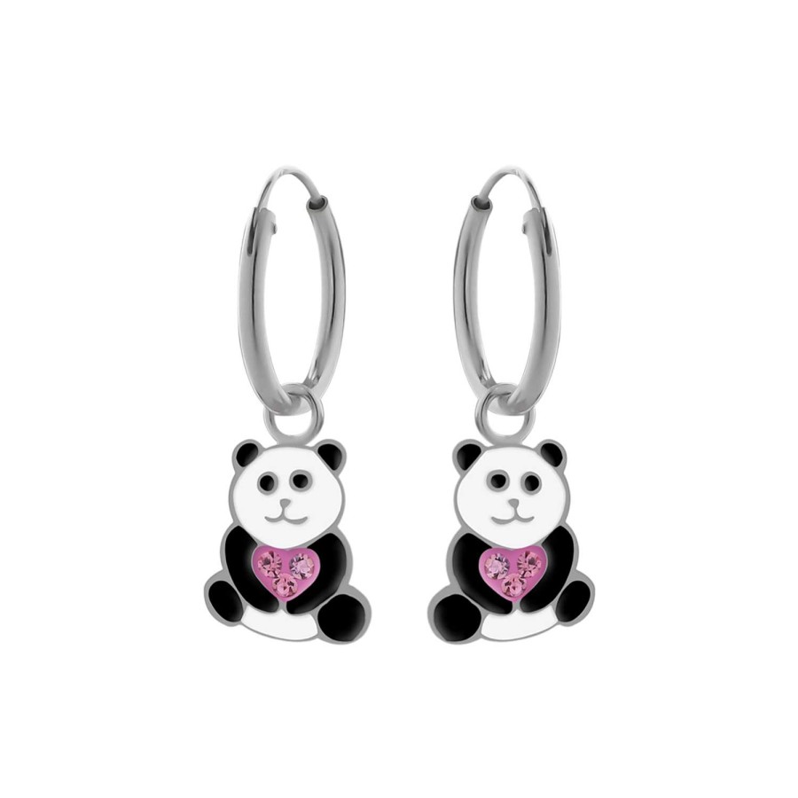 Kids Collectie WeLoveSilver | Zilveren Oorringen Met Hanger, Panda Met Roze Hart Met Kristallen