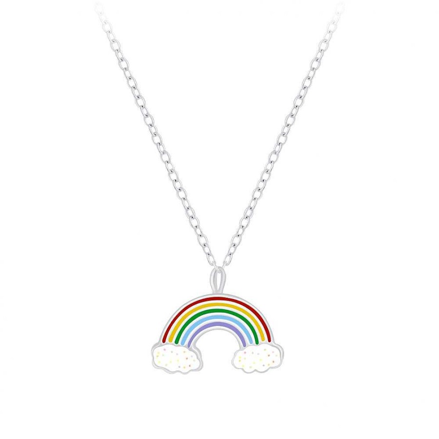 Kids Collectie WeLoveSilver | Zilveren Ketting Met Hanger, Regenboog Met Wolkjes