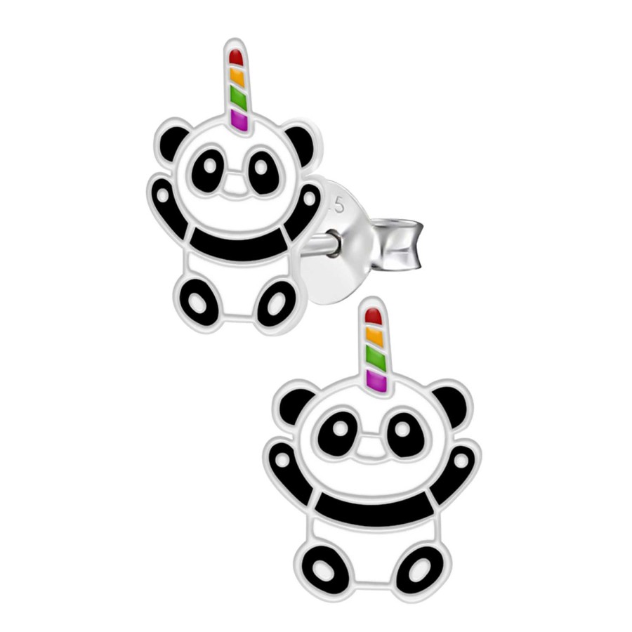 Kids Collectie WeLoveSilver | Zilveren Oorstekers, Panda Met Regenbooghoorn