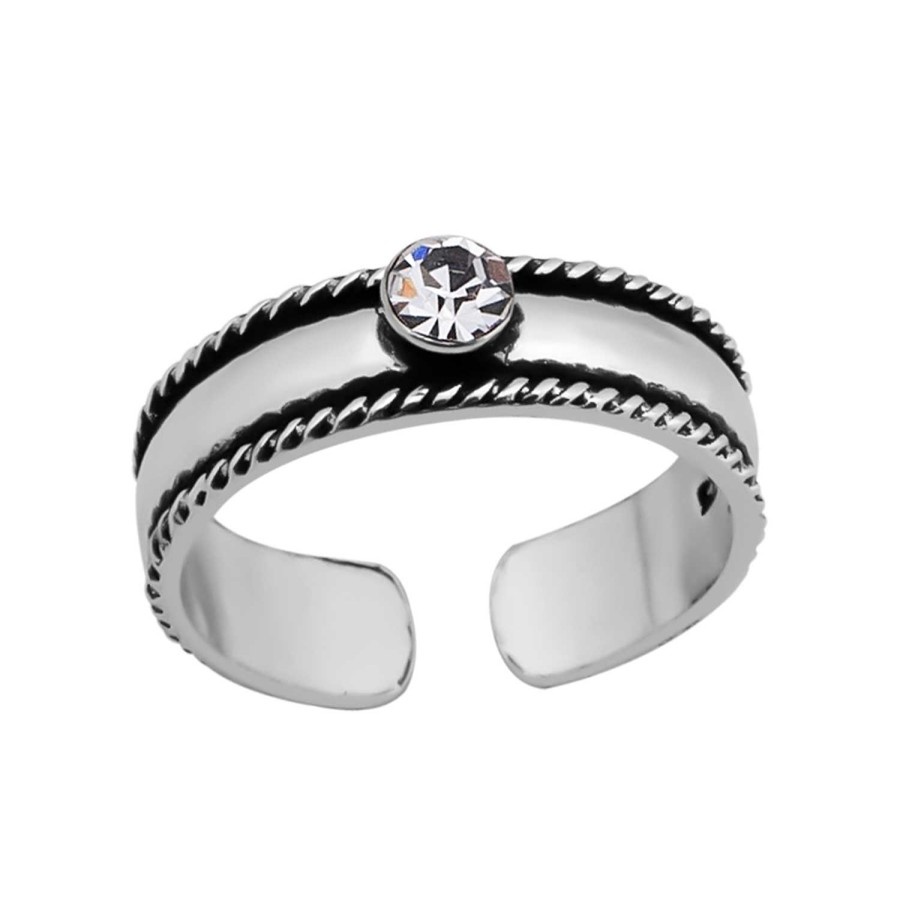 Ringen WeLoveSilver | Zilveren Teenring, Gladde Band Met Gedraaide Randen En Kristal