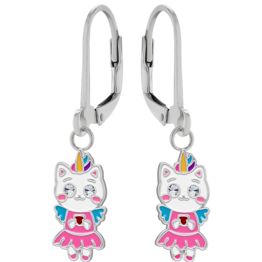 Kids Collectie WeLoveSilver | Zilveren Oorhangers, Eenhoorn Katje Met Regenboogkleuren En Kristalogen