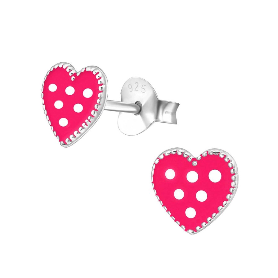 Kids Collectie WeLoveSilver | Zilveren Oorstekers, Roze Hart Met Witte Stippen