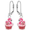 Kids Collectie WeLoveSilver | Zilveren Oorhangers, Rode Cupcake Met Roze Zwaan