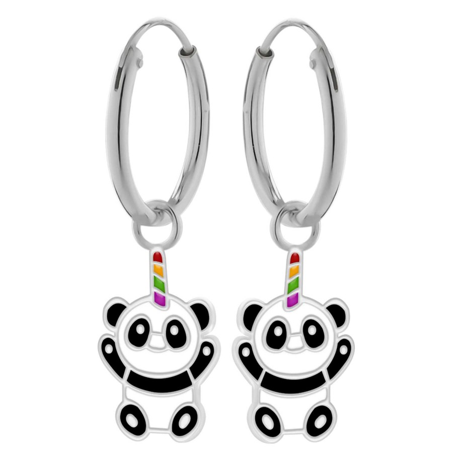 Kids Collectie WeLoveSilver | Zilveren Oorringen Met Hanger, Panda Met Regenbooghoorn