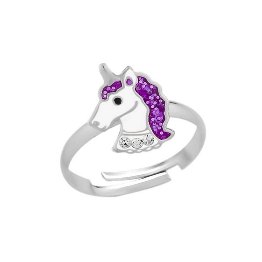 Kids Collectie WeLoveSilver | Zilveren Ring, Eenhoornhoofd Met Paarse Glittermanen