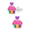 Kids Collectie WeLoveSilver | Zilveren Oorstekers, Kleurige Cupcake Met Paars Hartje