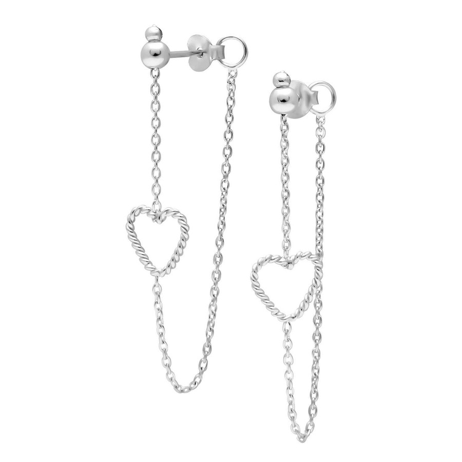 Oorbellen WeLoveSilver | Zilveren Oorstekers Met Chain, Met Gedraaid Hart