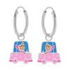 Kids Collectie WeLoveSilver | Zilveren Oorringen Met Hanger, Beer Met Sjaal In Roze Auto