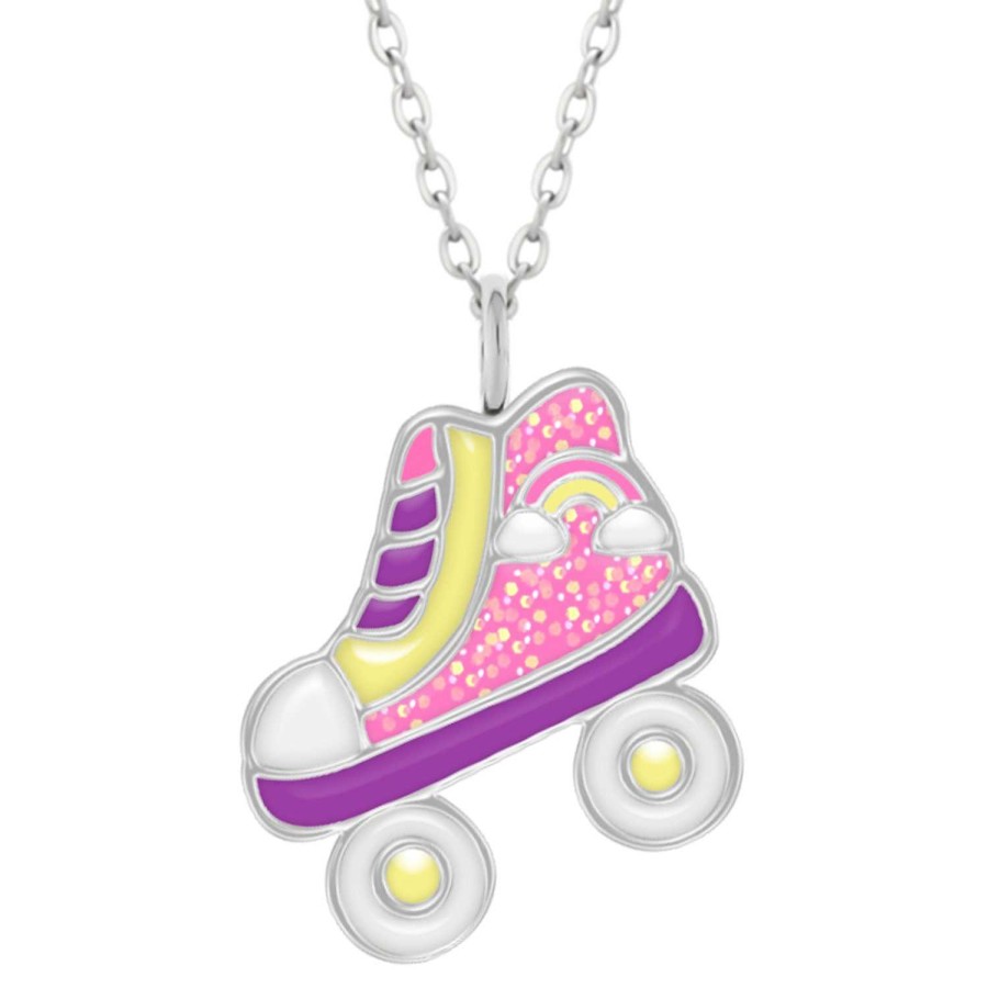 Kids Collectie WeLoveSilver | Zilveren Ketting Met Hanger, Rolschaats In Pastelkleuren Met Regenboog En Glitters