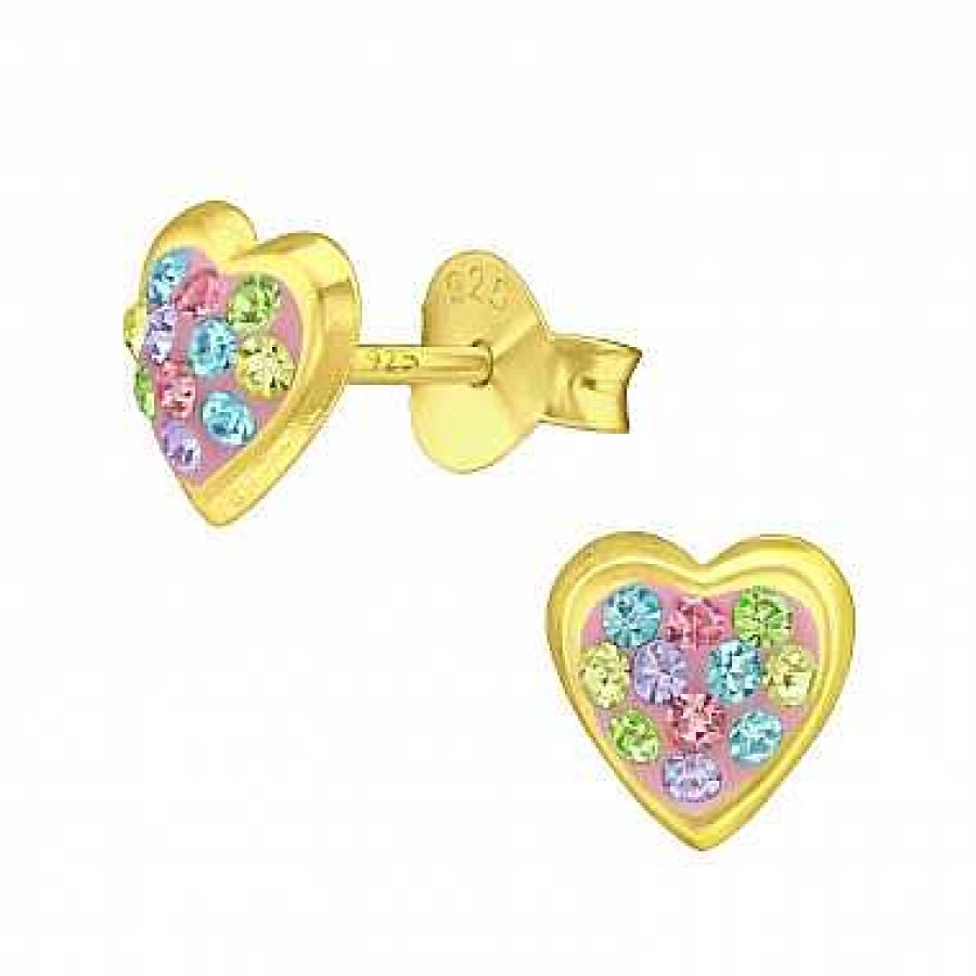 Oorbellen WeLoveSilver | Gold Plated Oorstekers, Roze Hart Met Gekleurde Kristallen