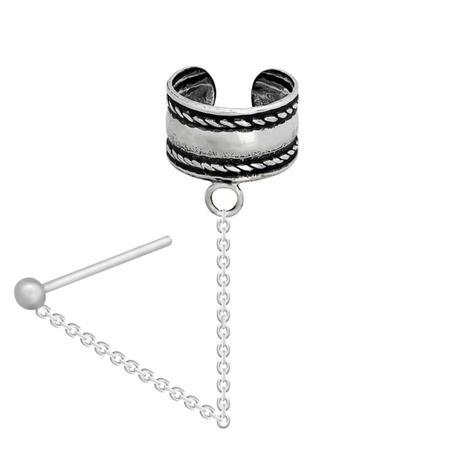 Oorbellen WeLoveSilver | Zilveren Ear Cuff, Gladde Band Met Geoxideerde, Gedraaide Randen En Chain