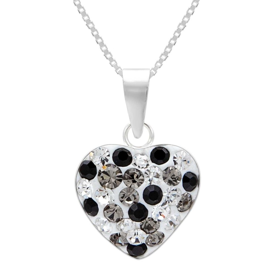 Kids Collectie WeLoveSilver | Zilveren Ketting Met Hanger, Hartje Met Kristallen In Grijs En Kleurloos En Zwarte Onyx