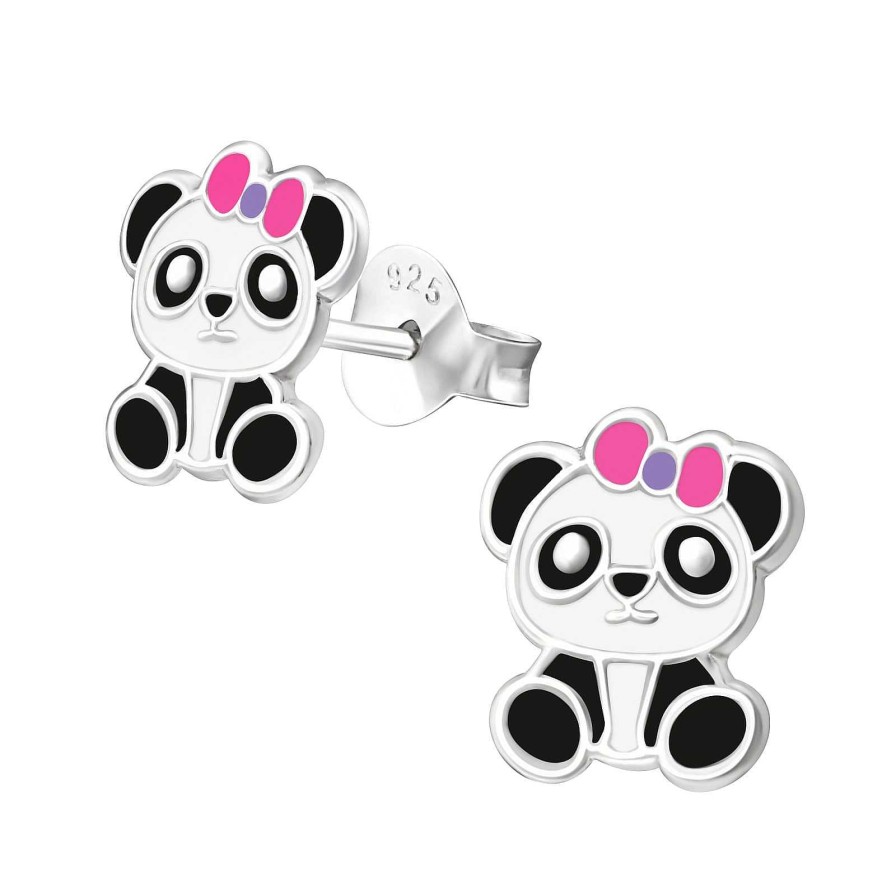 Kids Collectie WeLoveSilver | Zilveren Oorstekers, Panda Met Roze-Paarse Strik