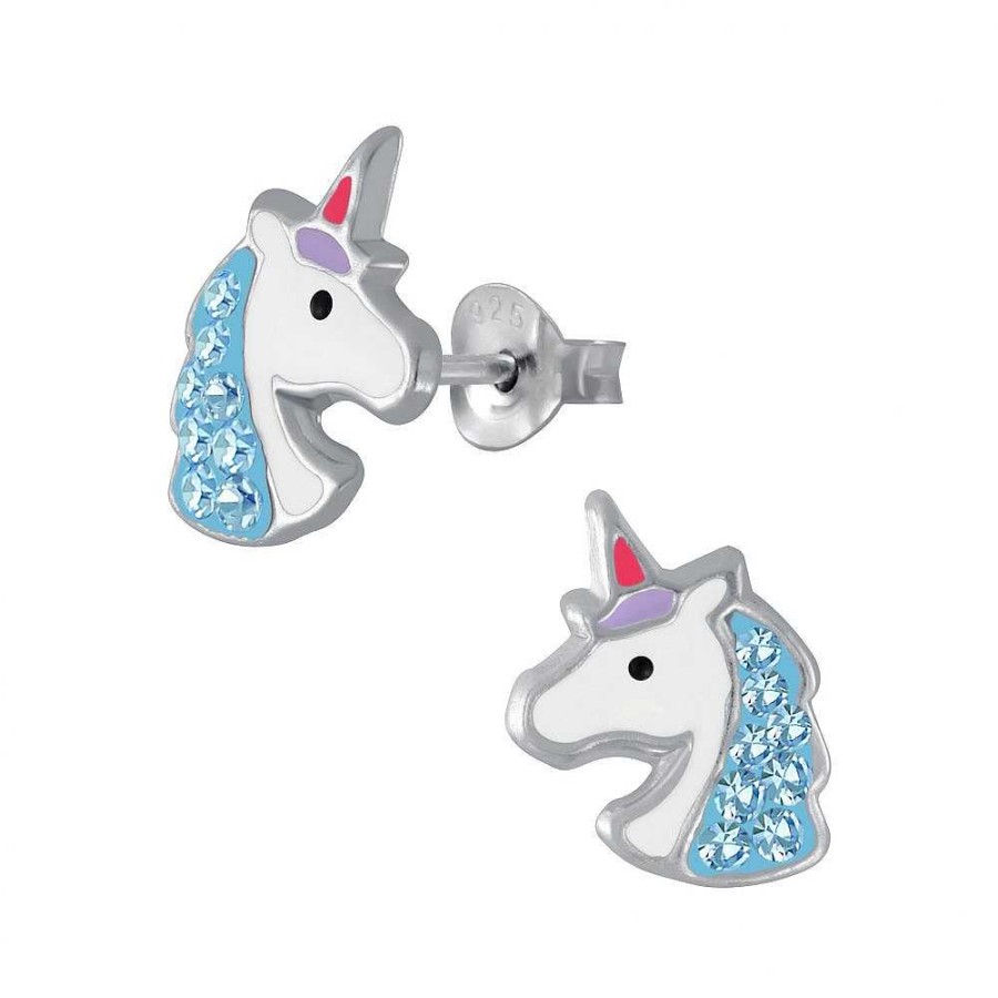 Kids Collectie WeLoveSilver | Zilveren Oorstekers, Eenhoornhoofd Met Blauwe Manen